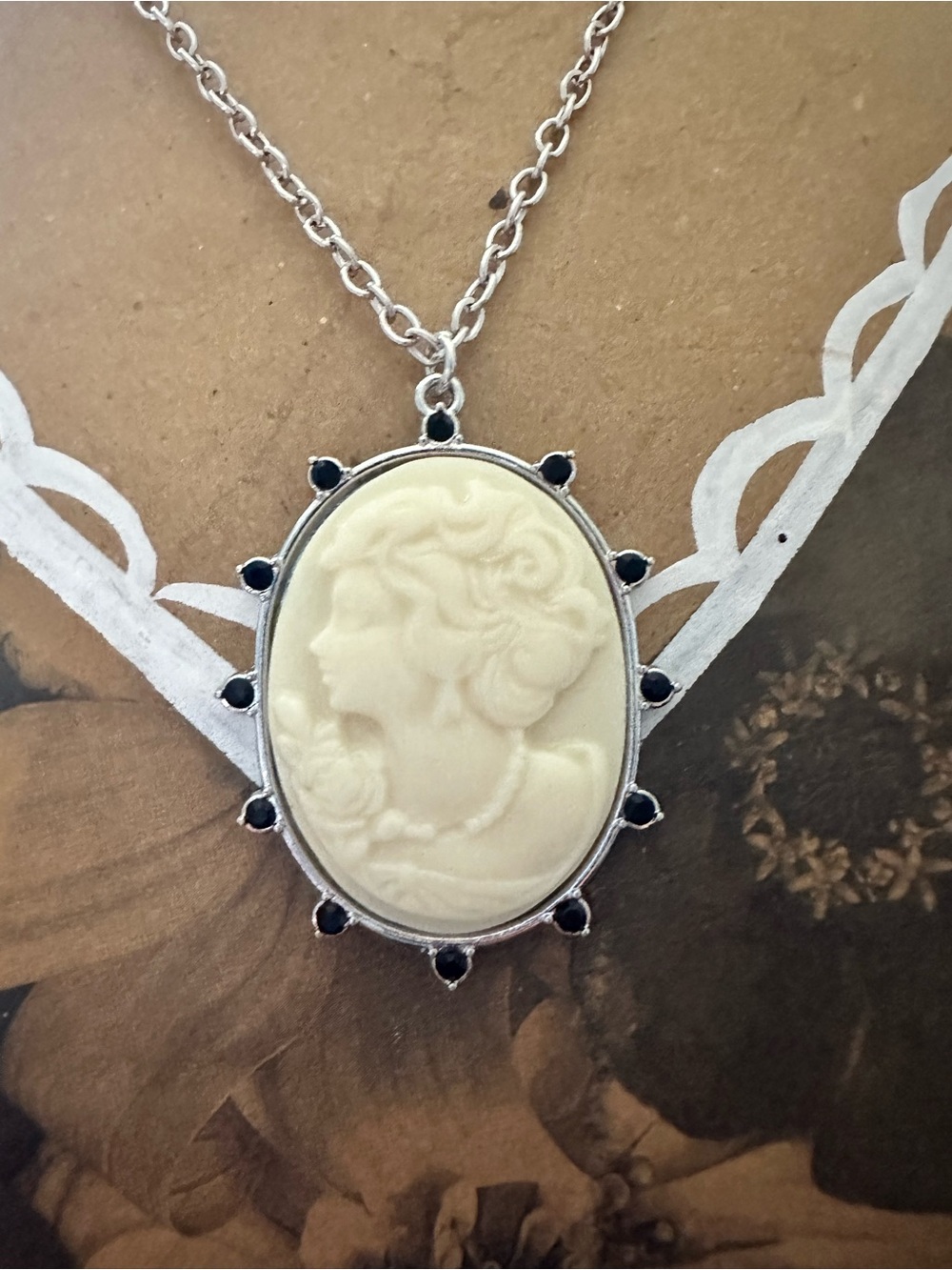 cameo Cream Cameo Pendant Necklace with Black Accent Stones - Silver